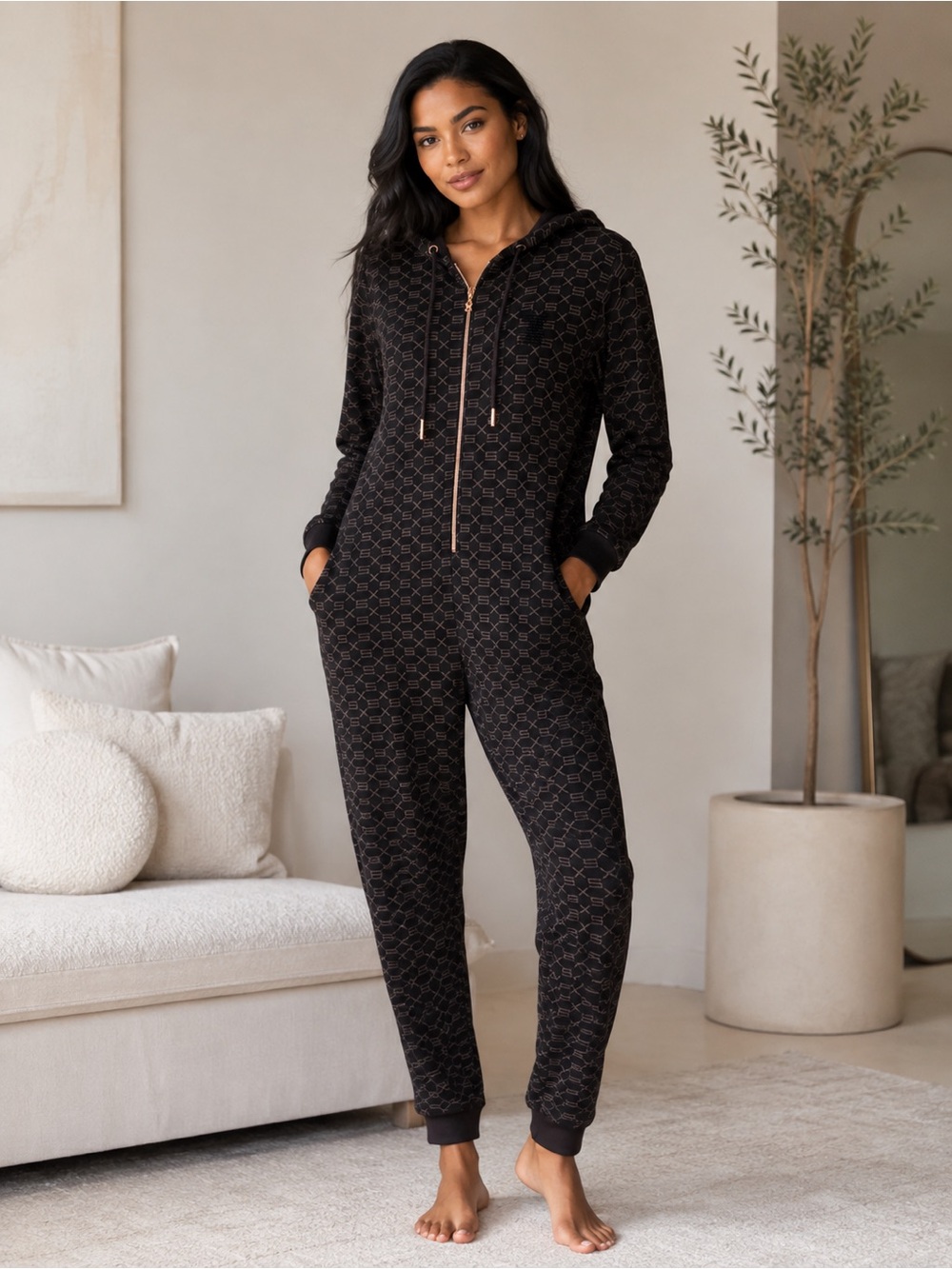 Savage X Fenty Black Hooded Zip Onesie with Subtle Logo Print